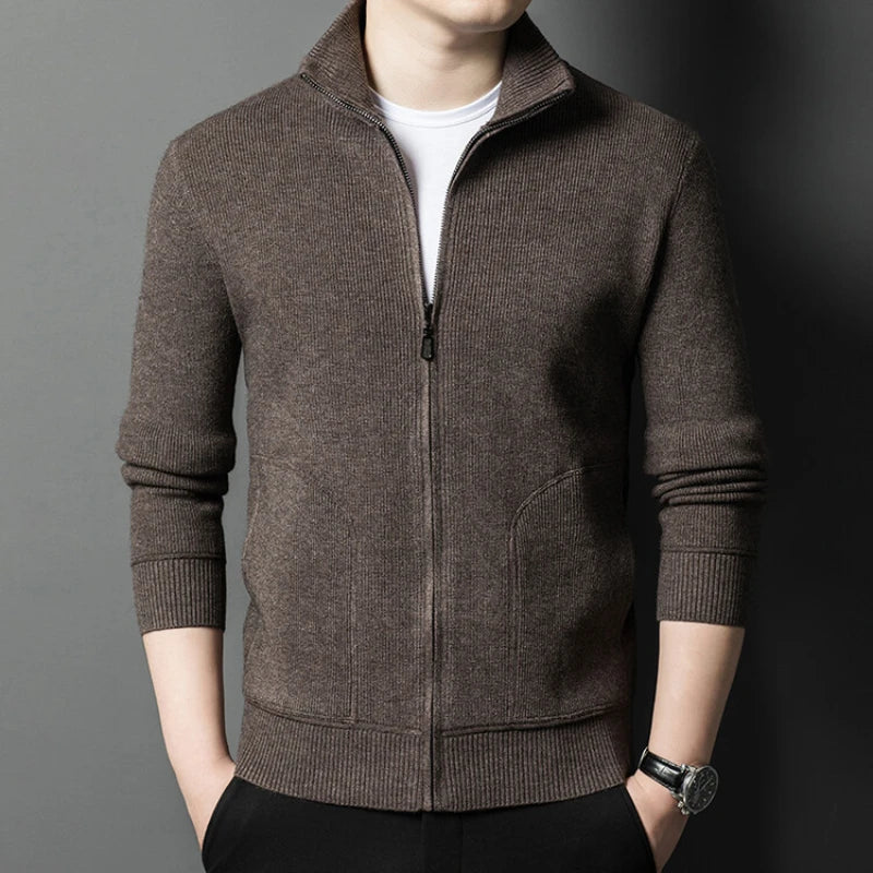 Men’s Solid Color Full-Zip Knit Cardigan Sweater with Stand Collar