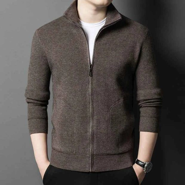 Men’s Solid Color Full-Zip Knit Cardigan Sweater with Stand Collar
