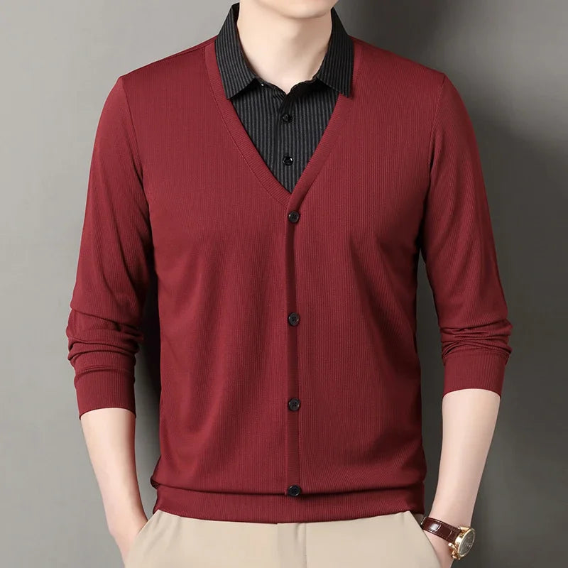Men's Fake Two-Piece Polo Shirt – Long Sleeve Collar Knit Top Casual Fashion Sweater