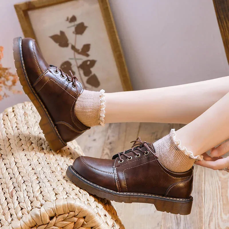 Lace-Up Oxford Style Casual Shoes – Round Toe Chunky Sole Shoes in Black & Brown