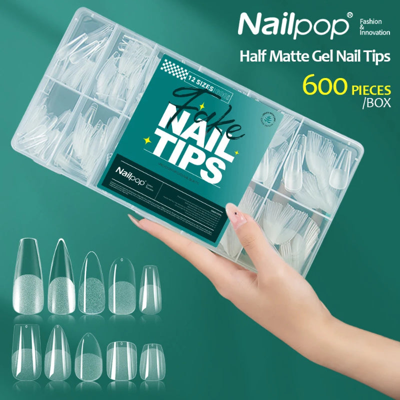 Nailpop Half Matte Gel Nail Tips – 600 Pieces Box, 12 Sizes
