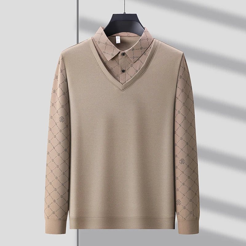 Men's Long Sleeve Polo Shirt with Two Piece Design for Casual Business Style