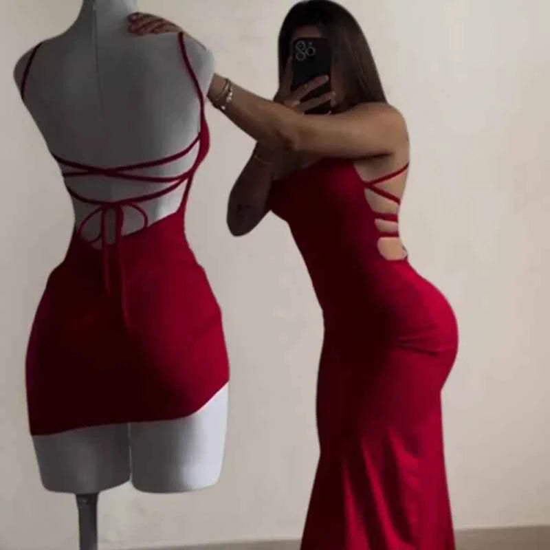 Red & Black Slit Back Lace-Up Dresses