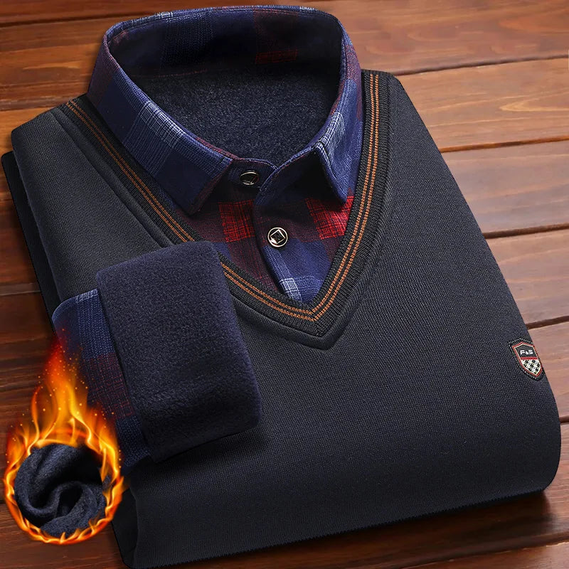 Men's Vintage Plaid Fleece Lined Polo Collar Pullover Sweater Winter Knitwear