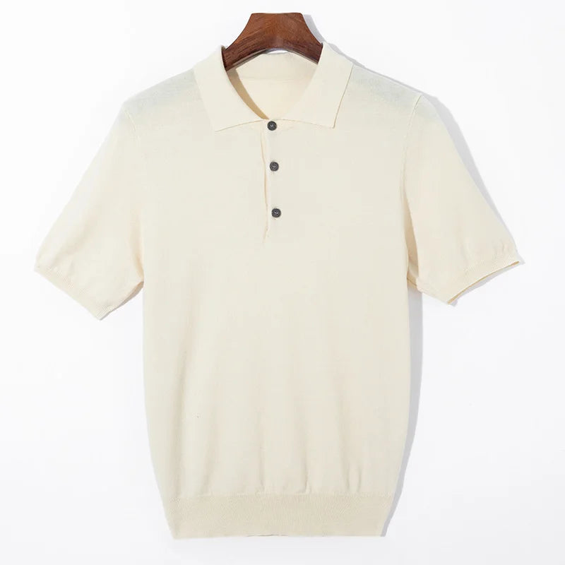 Men’s Short-Sleeve Knit Polo Sweater with Button Placket and Ribbed Hem