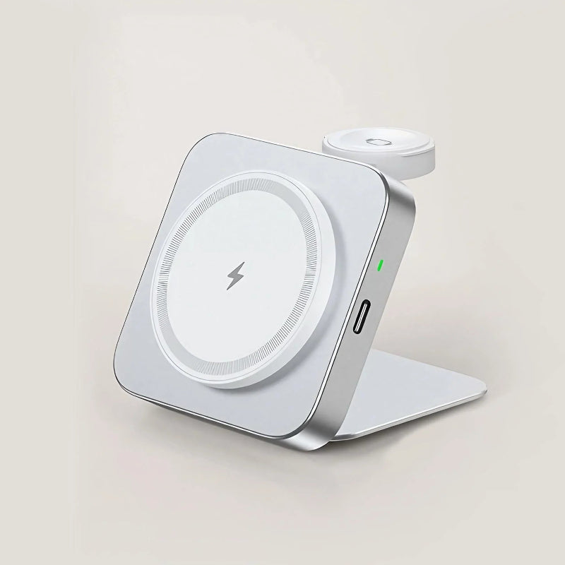 15W Magnetic Wireless Charger 2-in-1 – Foldable Fast Charging Phone Stand with Portable Aluminum Design