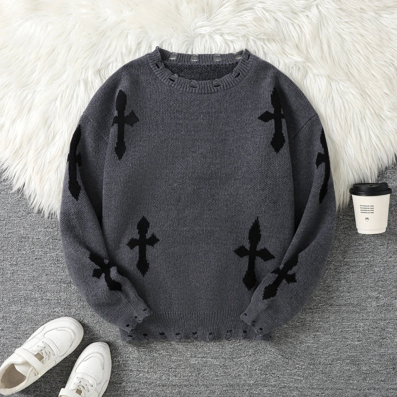 Trendy Distressed Cross Pattern Crew Neck Knit Pullover Sweater