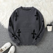 Trendy Distressed Cross Pattern Crew Neck Knit Pullover Sweater