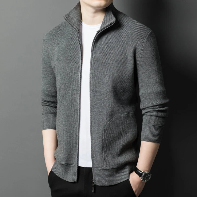 Men’s Solid Color Full-Zip Knit Cardigan Sweater with Stand Collar
