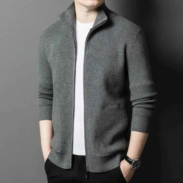Men’s Solid Color Full-Zip Knit Cardigan Sweater with Stand Collar