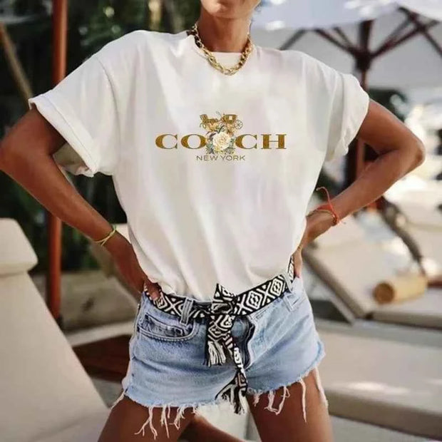 Coach Logo Graphic T-shirt – Stylish Casual Wear for Women | White, Red, Pink, Black & Grey