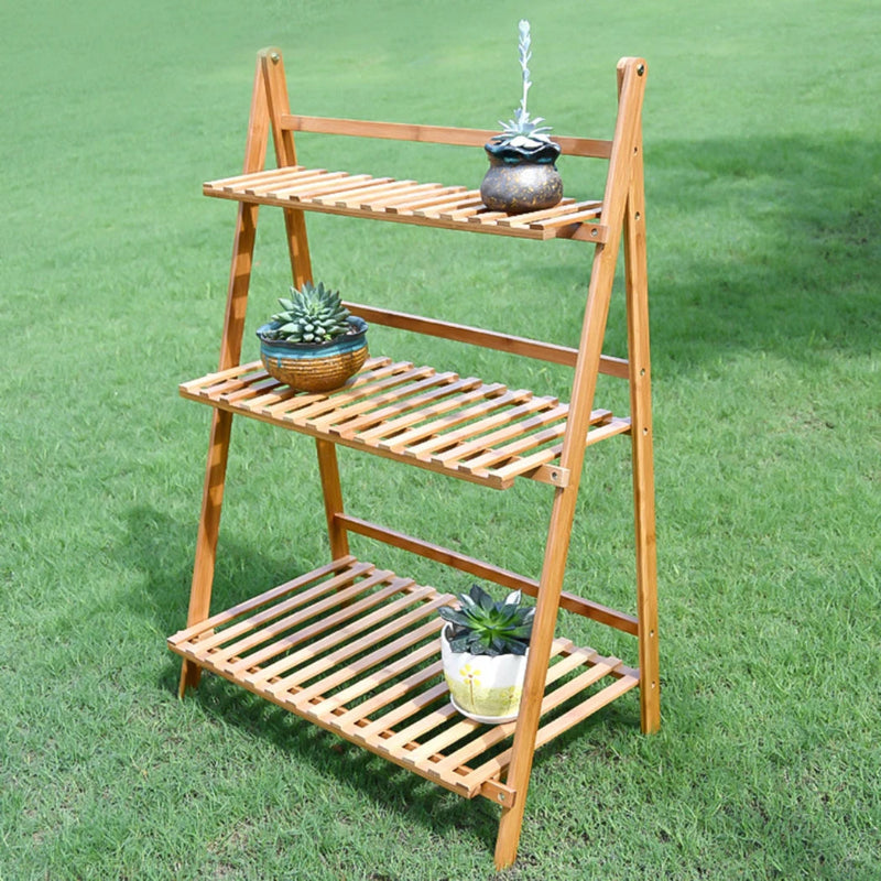3-Tier Ladder Plant Stand – Natural Wood-Tone Slatted Flower Pot Display Rack