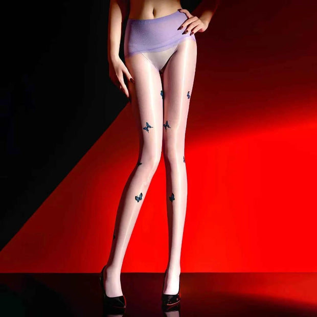 Sexy Women Oil Glossy Shiny Stockings Butterfly Hollow Out Sheer Seamless Shaping Pantyhose Open Crotch Exotic Tights