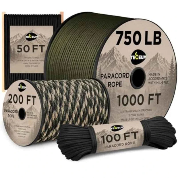 TECEUM Tactical Paracord Rope 4mm 5/32 Nylon Survival Cord 750LB Strength for Camping & Preppers Gear