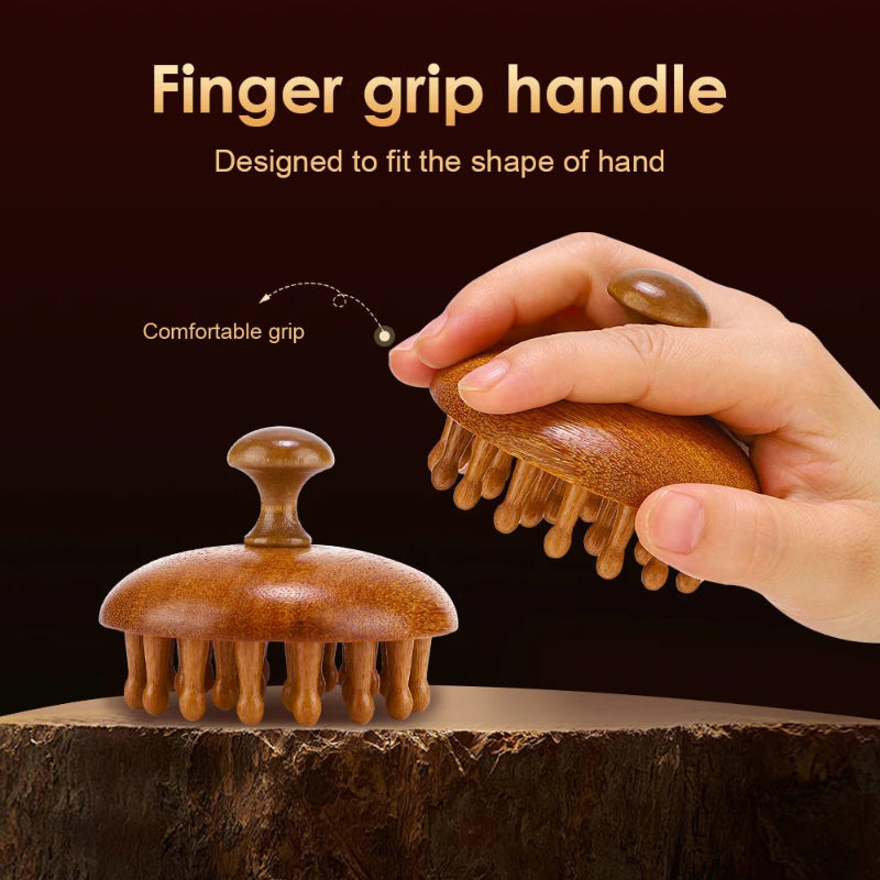 Wooden Body Massage Brush with 28 and 33 Rounded Comb Teeth, Finger Grip Handle & Hand Strap