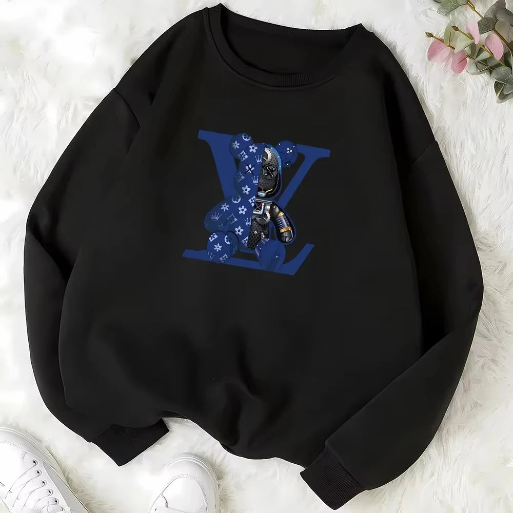 LV Teddy Bear Graphic Crew Neck Pullover Sweatshirt – Black & White