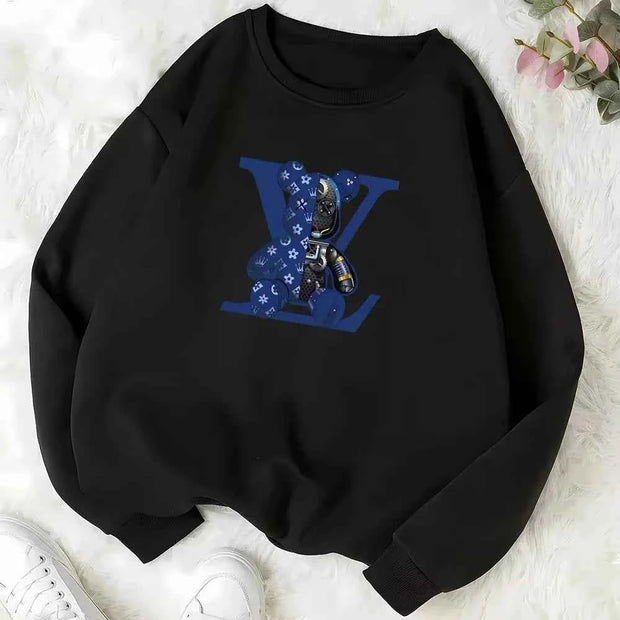 LV Teddy Bear Graphic Crew Neck Pullover Sweatshirt – Black & White