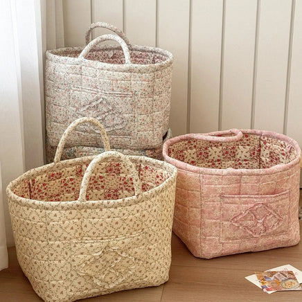 Airfriend Vintage Floral Foldable Storage Basket with Handle – Quilted Organizer for Clothes, Toys & Snacks