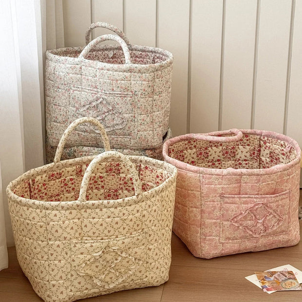 Airfriend Vintage Floral Foldable Storage Basket with Handle – Quilted Organizer for Clothes, Toys & Snacks