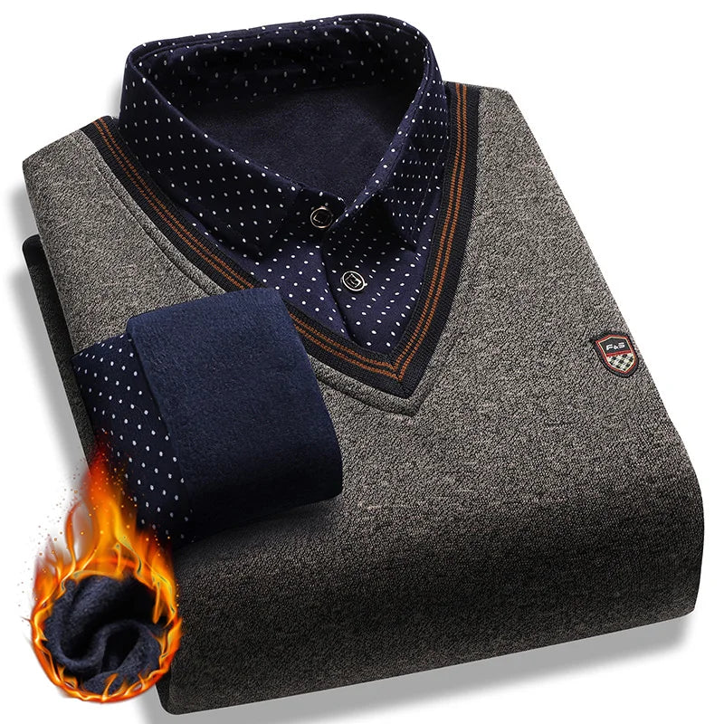 Men's Vintage Plaid Fleece Lined Polo Collar Pullover Sweater Winter Knitwear