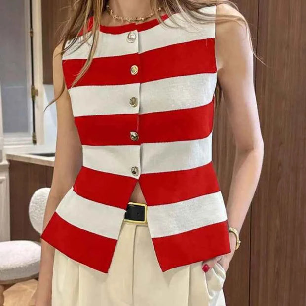 Striped Button-Up Knit Vest – Stylish Casual Wear for Women | Blue & Red Options