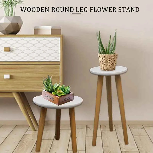 Wooden Round 3-Leg Flower Stand – White Top Plant Display Table in Two Sizes