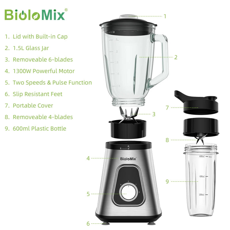 BioloMix 1300W Smoothie Maker with 1.5L Glass Jar, Personal Blending Bottle and US Plug
