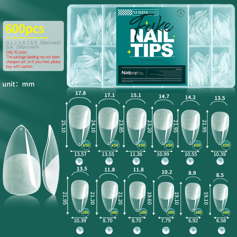Nailpop Half Matte Gel Nail Tips – 600 Pieces Box, 12 Sizes