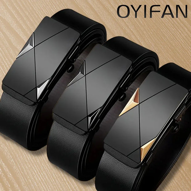 OYIFAN Automatic Buckle Leather Belt with Geometric Metal Clasp - Black