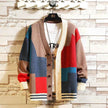 Multicolor Patchwork Knit Cardigan Sweater with V-Neck, Button Front & Ribbed Trim