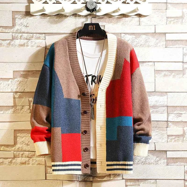 Multicolor Patchwork Knit Cardigan Sweater with V-Neck, Button Front & Ribbed Trim