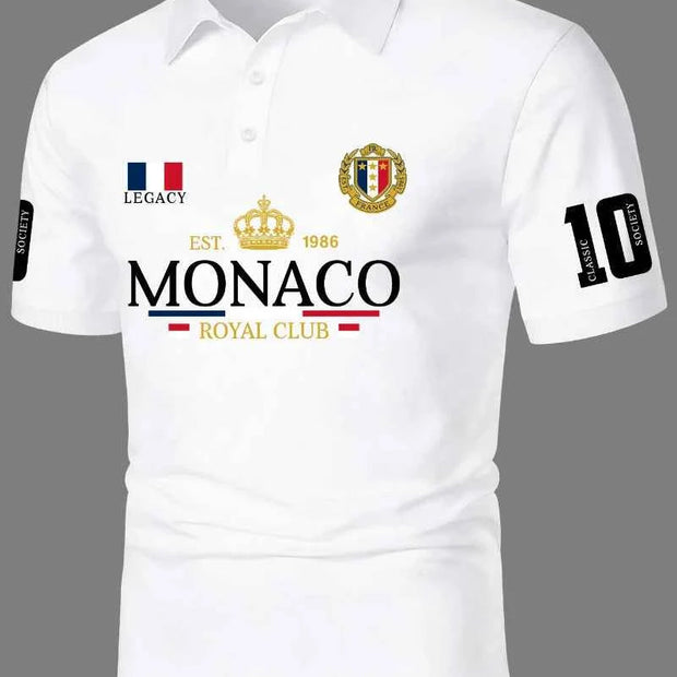 Men's Short Sleeved Polo Shirt, Street Trendy MONACO ROYAL CLUB Logo, Crown Badge Printed Short Sleeved Polo Shirt
