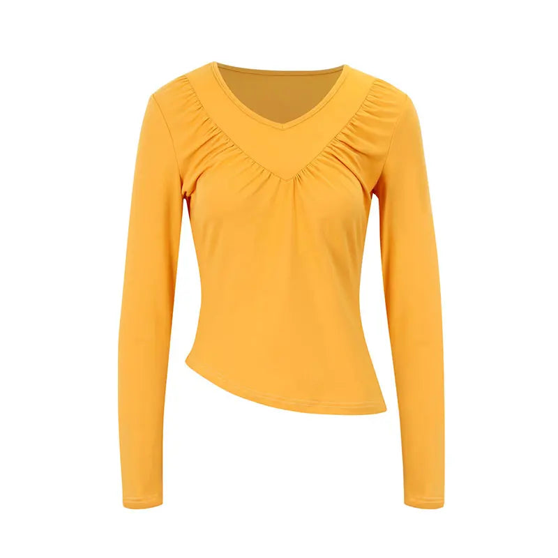 Women's V-Neck Long Sleeve T-Shirt – Slim Fit Solid Color Casual Top