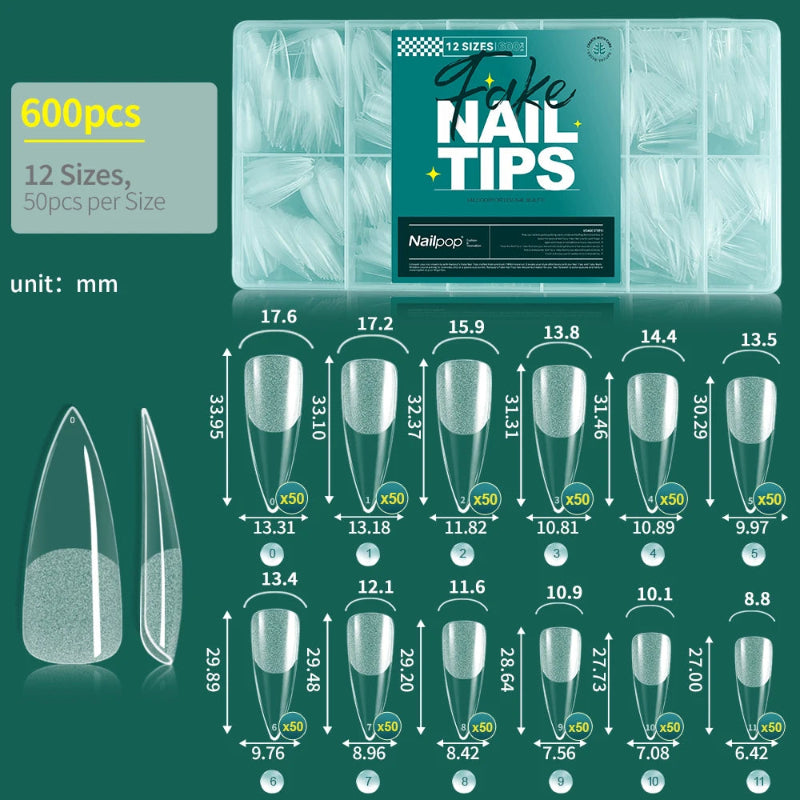 Nailpop Half Matte Gel Nail Tips – 600 Pieces Box, 12 Sizes