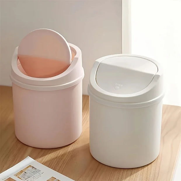 Mini Desktop Trash Can with Lid – Cylindrical Tabletop Waste Bin for Office & Coffee Bar