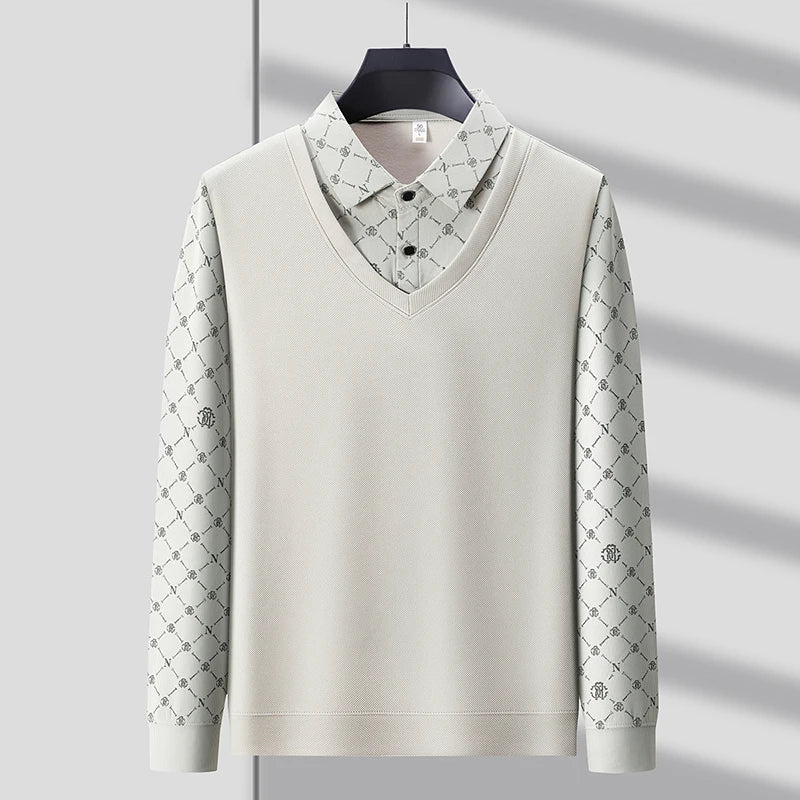 Men's Long Sleeve Polo Shirt with Two Piece Design for Casual Business Style