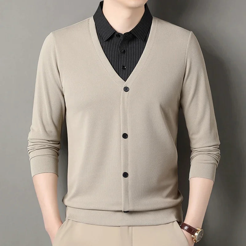 Men's Fake Two-Piece Polo Shirt – Long Sleeve Collar Knit Top Casual Fashion Sweater