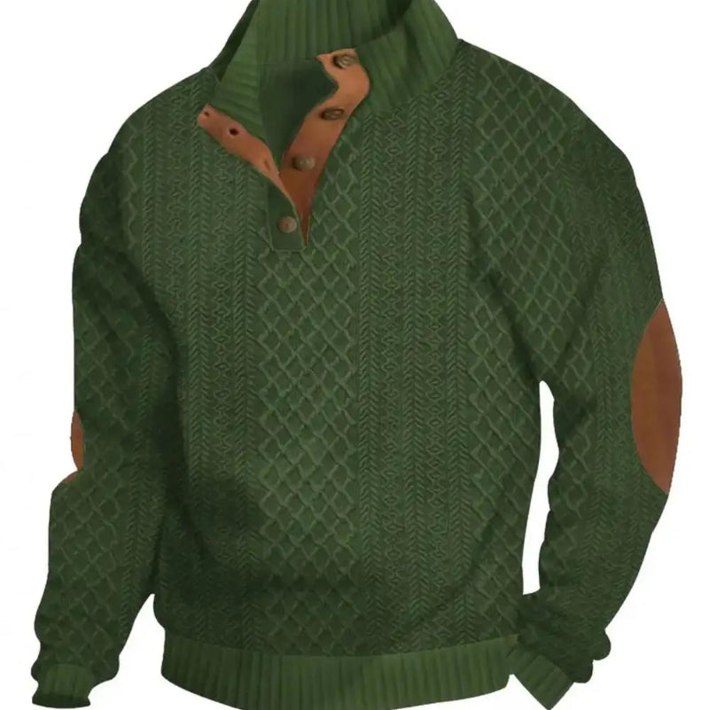 2026 Men’s Casual Jacquard Knit Pullover Sweater with Standing Collar and Elbow Patches