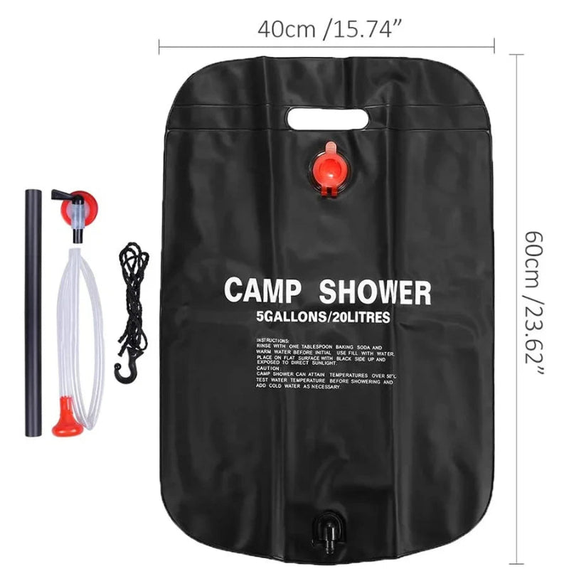 20L Portable Solar Camping Shower Bag with Hose, Shower Head and Hanging Strap