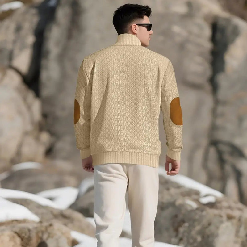 2026 Men’s Casual Jacquard Knit Pullover Sweater with Standing Collar and Elbow Patches