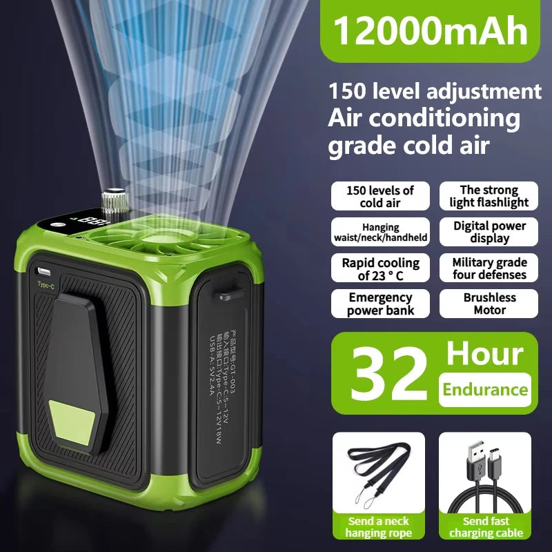 Rechargeable Waist Clip Cooling Fan with 150 Speeds, Digital Display, LED Light and Power Bank
