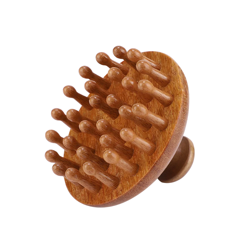 Wooden Body Massage Brush with 28 and 33 Rounded Comb Teeth, Finger Grip Handle & Hand Strap