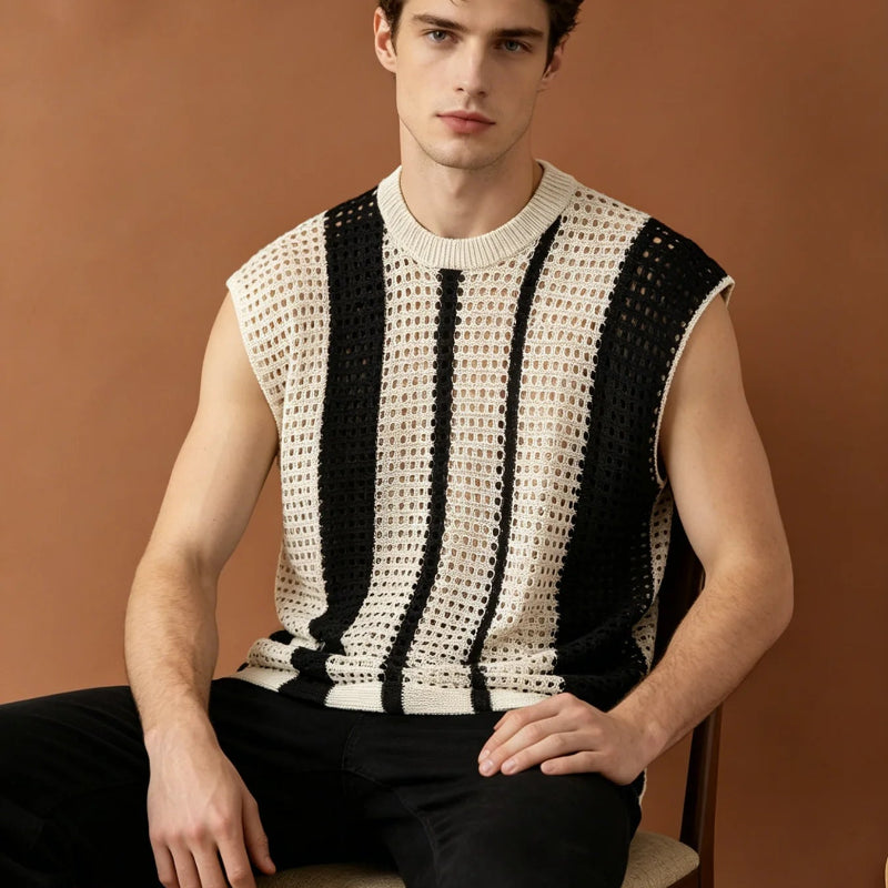 Men’s Striped Open-Knit Sleeveless Sweater Vest with Crew Neck