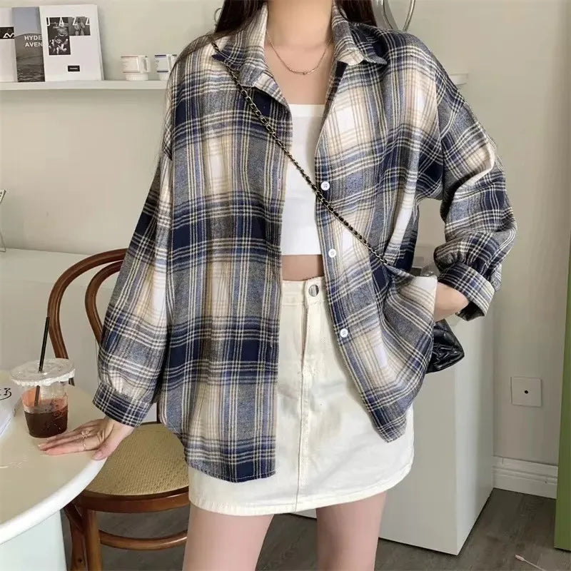 Women's Plaid Button-Up Shirt – Long Sleeve Loose Fit Casual Blouse
