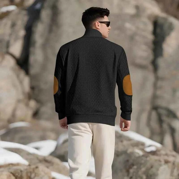 2026 Men’s Casual Jacquard Knit Pullover Sweater with Standing Collar and Elbow Patches