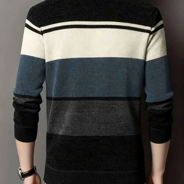 BTUR R BTNY Men’s Striped Knitted Pullover Sweater with Embroidered Chest Detail & Crew Neck