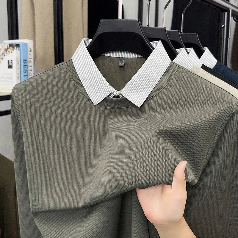 Men's Fake Two-Piece Polo Shirt – Long Sleeve Collar Knit Top Casual Fashion Sweater