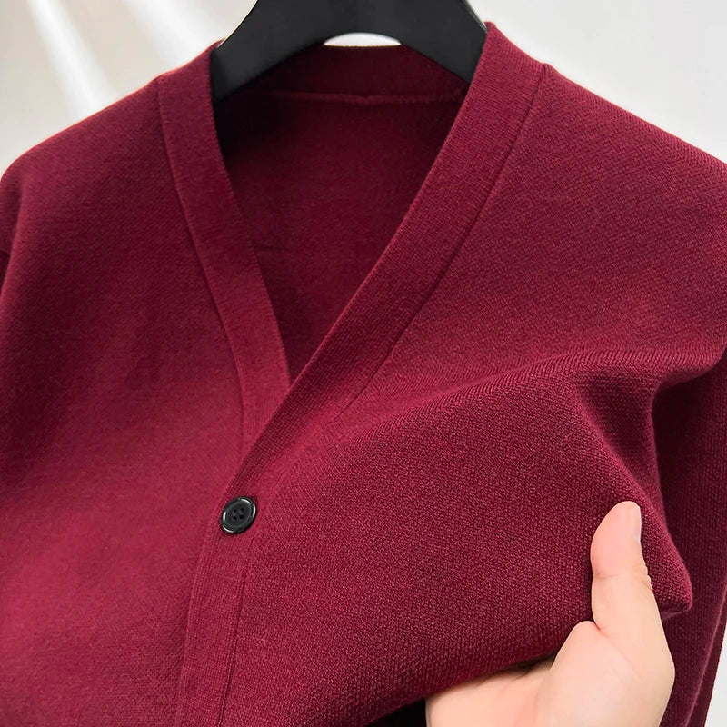 Men’s V-Neck Knit Cardigan – Solid Color Double Pocket Autumn Winter Sweater