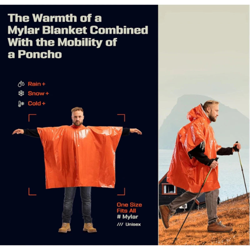 Portable Outdoor Emergency Rain Poncho with Mylar Thermal Liner Waterproof & Wind-Resistant for Camping & Emergencies