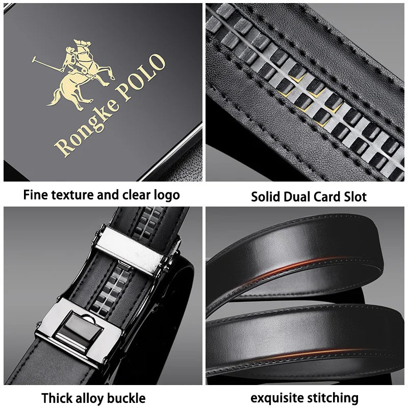 Rongke POLO Luxury Black Leather Belt with Polished Metal Buckle
